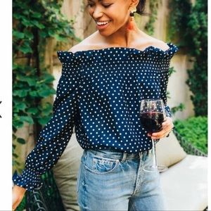 Tuckernuck Polkadot Navy Blue and Cream Off the Shoulder Marguerite Blouse Top.